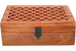 Samhita Mango Wood Decorative Wooden Box with Hinged Lid in Jali Carvings Used as Storage Box Christmas Gifts Items (22.86cm x 15.24cm x 7.62cm)