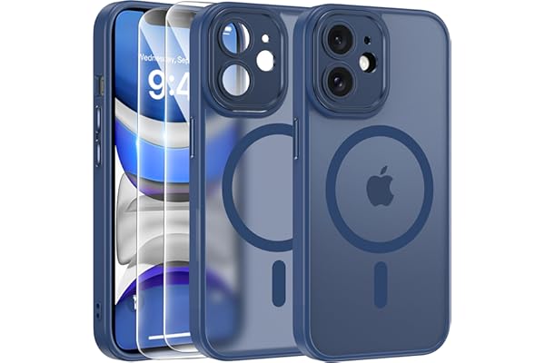 FLLAO Funda para iPhone 11, Compatible MagSafe, con 2 Piezas Protector de Pantalla Cristal Templado, [Protección de Cámara] Magnética Carcasa Translúcida Mate Trasera Fina Antigolpes, Azul Navy