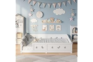 TIMORWTF - Cama infantil de 120 x 200 cm, con función de protección contra caídas, valla con diseño de estrella y luna, camas infantiles con barrera y somier de láminas, color blanco