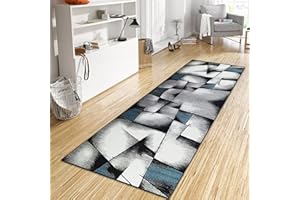 ‎WTHYGB WTHYGB Teppich Läufer Flur Küche 60x250 cm, Modern rutschfest Waschbar Dauerhaft Küchenläufer Flurläufer, Lang Polyester Grau und Blau Teppichläufer für Korridor, Schlafzimmer, Innen Wohnzimmer