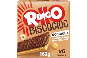 Pavesi Ringo Bisco Cioc Nocciole, Biscotto Ripieno di Crema con Nocciole Italiane 100% e Copertura di Cioccolato per Snack Dolce e Gustoso per la Merenda - Confezione da 6 Snacks - 162 g