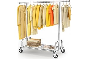 HOKEEPER Heavy Duty Clothes Rail 136kg (300lbs) Capacity, Extendable Hanging Rack with Lockable Wheels & Shelves, Space Saving for Bedroom, Small Apartment, Laundry Room