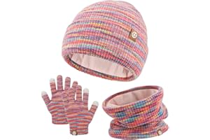 QKURT Enfants Bonnet Bonnet Foulard Gant Ensemble, Enfants Hiver Thermique Cap Cou Plus Chaud Gants d’écran tactile Doux Chaud Chapeau Echarpe Mitaine Coloré pour 5-10 ans
