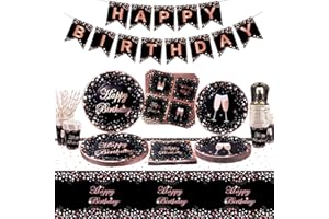 XJLANTTE Forniture per Feste in Oro Rosa e Nero - Striscione, Piatti di Carta, Tovaglioli, Tazze, Tovaglie e Cannucce, Serve 20 Ospiti (Set 01)