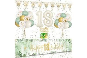 18th Birthday Decorations for Girls Green Gold, SWPEED 18th Birthday Decoration Kit with Green Gold Happy 18th Birthday Banner, Latex Confetti Balloons, Number 18 Balloon Triangle Flag Banner