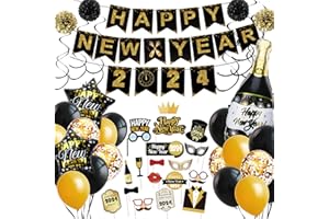 sancuanyi Silvester Deko 2024, Happy New Year Deko Set, Neujahr Deko 2024 Schwarz Gold Ballon mit Silvester Banner Foto Requisiten Girlande Papier Pompons für Silvester Party Deko