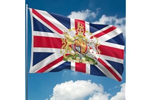 KASKANA Union Jack Flag – British Flag - UK Flag with Royal Coat of Arms - Double-sided Digital Print - 110Den Thick polyester - Double Seam - 2 brass eyelets, large 5ft x 3ft