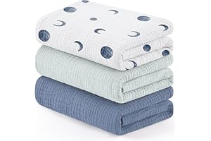 Susurration Muslin Cloths for Baby, 100 x 96 cm Baby Swaddle for Boys and Girls, Soft Baby Muslin Blanket, 3 Pack Breathable Nursery Receiving Blankets (Blue Moon)