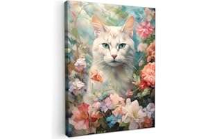 MuchoWow© Impression sur Toile Decoration Murale Peinture 30x40 cm Tableaux Decoratifs Muraux Décoration Chambre Chat - Fleurs - Roses - Nature