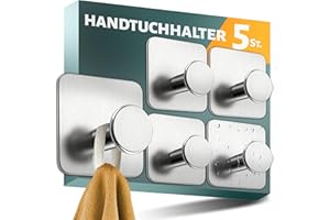 Menz Towel Holder without Drilling, Set of 5 - Towel Hooks Bathroom Stainless Steel with 3M Special Adhesive Pads - Modern Adhesive Hooks Ideal as Wall Hooks, Self-Adhesive Hooks