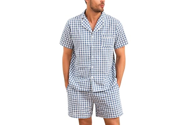 Irdcomps Pyjamas för Män Sommar Bomull Kort Rutig Pyjamas Tvådelade Pyjamas för Män Nattkläder Kortärmad Bekväm Hem-Fritidskl