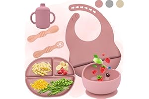 HappyDoo - Set Pappa Svezzamento - Piatto con Ventosa per Bambini + Tazza Bambini + 2 Cucchiaio + Bavaglino in silicone - Set Pappa - No BPA (Rosa)