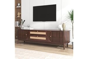 ModernLuxe TV Stand Cabinet, TV Table with 2 Doors and 2 Rattan Drawers, TV Cabinet Storage Solution, Country Style TV Unit Home Entertainment Center, Natural Walnut Color Mixed, 170 x 39.5 x 46cm