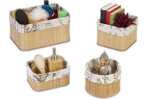 Relaxdays Förvaringskorgar set om 4, ordningskorgar i 4 storlekar, bambu och polyester, stapelbara badrumskorgar, natur/kräm
