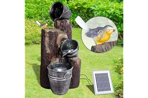 AMUR Fuente de jardín Fuente Solar baño de pájaros Cascada, decoración de jardín con Bomba, Fuente de Agua para terraza de jardín, balcón, Muy Decorativa, luz LED luz de jardín