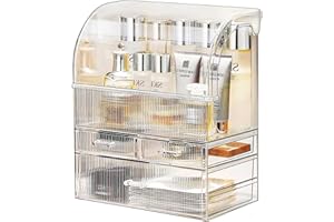 Suyoo Makeup Organiser Storage, XL Large Acrylic Cosmetics Organiser Skincare Display Case with Waterproof Dustproof Cover for Bedroom Bathroom Desktop(Stripe-XL)