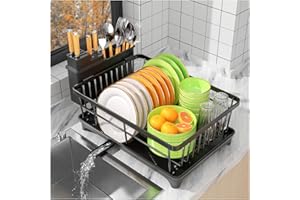 SavvyStor Abtropfgestell Geschirr, platzsparendes Geschirrabtropfgestell für die Küchenarbeitsplatte mit Utensilienhalter, Küchenabtropfgestell mit Abtropffläche, Schwarz Portable for Home, Black