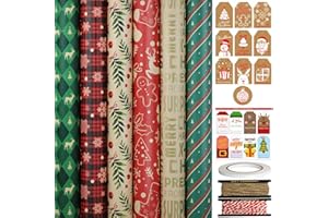 FullJoyHut 6 Rouleaux de Papier Cadeau de Noël 43cm x 3M Chacun - Motif Flocons de Neige, Papier Kraft de Noël avec Étiquette Ficelle et Adhésif pour Emballage Cadeaux de Noël