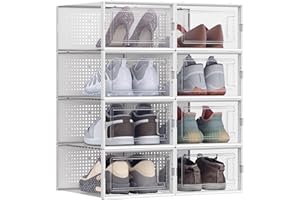 SONGMICS Shoe Boxes, Pack of 8 Stackable Shoe Storage Organisers, Foldable and Versatile for Sneakers, Fit up to UK Size 9.5, Transparent and White LSP08SWT