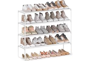 SONGMICS Étagère à Chaussures 4 Niveaux, Porte-Chaussures en Métal, à l’Endroit ou à l’Envers, pour 20-25 Paires, Empilable, pour Couloir, 30 x 92 x 74 cm, Blanc Perle LSA014WK01