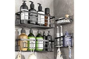 Coovee Mensola Doccia Senza Foratura, 4 Pezzi Portaoggetti da bagno, Nero Acciaio Inox Portasapone da Bagno, Porta Oggetti Accessori Shower Organizer con 17 Ganci