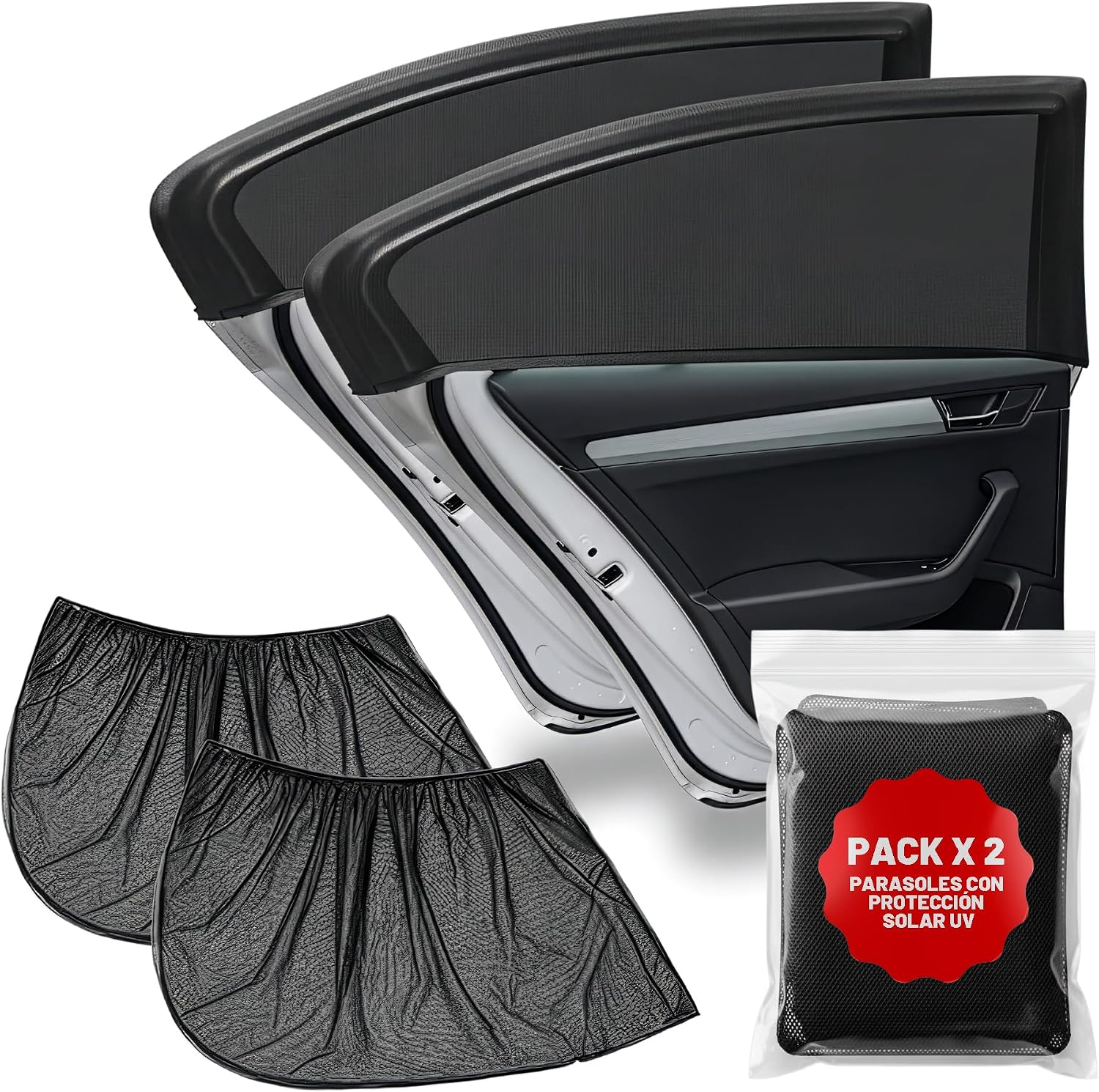 Pack 2 Parasoles Coche Laterales - Protector UV - Funda Ajustable Elastica para Ventanillas Traseras y Laterales - Quitasol Efecto Mosquitera - Parasol para Bebe, Niños y Mascotas