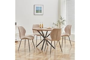DEYARNA HOME Essgruppe 5-Teilig, 100cm Runder Esstisch und 4 Leinen-Esszimmerstühle, Esstisch und Stühle für 4 Personen, 4 Stühle & Tisch für Küche, Esszimmer und Wohnzimmer (Dunkle Holzfarbe+Braun)