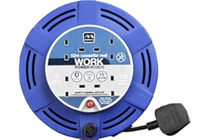 Masterplug Four Socket, 10 Metre Cassette Reel, Medium Extension Lead Cable Reel, Wind-Up Retractable Power Cord Reel, Thermal Cut Out, Work Power, Blue/Black, 10A, 4G, 10m, MCT1010/4BL