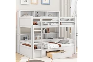 Rtopsu Letto per Bambini a Castello 90x200 cm, Letto a Soppalco con Cassetti Contenitore e Scala, Struttura Letto con Ripiani e Rete a Doghe in Legno, Letto per 2 Ragazzi, Bianco, Senza Materasso
