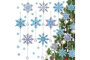 JOISHOP 8PCS Christmas Snowflake Diamond Painting, Double Sided Snowflake ornaments Wind Chime Key Chains Hanging Painting for Adult Children Winter Pendant DIY Window Decoration