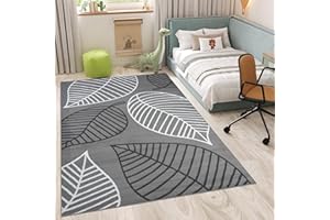 ‎TAPISO TAPISO Luxury Teppich Kurzflor Grau Schwarz Weiß Modern Blatt Floral Muster Kinderzimmer Wohnzimmer Jugendzimmer Schlafzimmer ÖKOTEX 160 x 220 cm