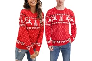 Enjyam Damski sweter bożonarodzeniowy, okrągły dekolt, długi rękaw, sweter z dzianiny z reniferem, płatkami śniegu, miękki, ciepły, norweski sweter na zimę