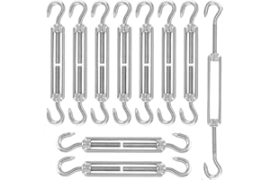 THIREI Napinacz linowy ze stali nierdzewnej 304, regulowany zamek napinający, hak CC, 10 sztuk, haki napinające do żagla przeciwsłonecznego, liny lub linki do prania (srebrny)