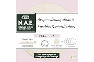 N.A.E. - Disques démaquillants Lavables Visage - Cotons réutilisables - Pour une Nettoyage Doux du Visage - Oeko-tex - 100% Coton Biologique Naturel- Emballage Recyclable - 4 Disques