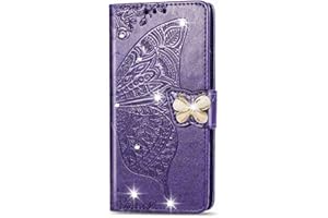Reevermap iPhone 12 Case Glitter iPhone 12 Pro Case Crystal Flip PU Leather Phone Cover for iPhone 12/12 Pro, Shockproof Wallet Card Slots Butterfly Gems Bling Magnetic Kickstand, Purple
