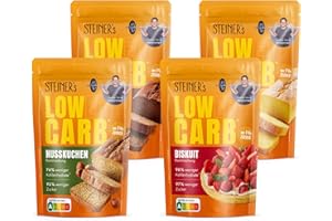 ‎STEINER´S STEINER´s Low Carb Back Box klein | 78–98% weniger Kohlenhydrate | Schokoladenkuchen, Rührkuchen, Nusskuchen & Biskuit | Glutenfrei, ballaststoffreich & kalorienreduziert | 4er Set – je 1x pro Sorte