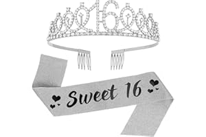 SUSSURRO "Sweet 16 Sash and Rhinestone Tiara Set,16th Birthday Gifts Birthday Sash for Women Birthday Party Supplies( Silver)