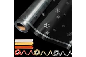 EHOM Cellophane Wrap Roll (30M x 40cm) 3.5Mil Thick with 3 Ribbons & 15 Pull Bows –Food Grade, Snowflakes Patterned Clear Cellophane Wrap for Hampers, Halloween & Christmas Wrapping Paper, Flowers & Treats