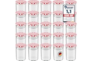 WELLGRO 25x Einmachgläser mit Schraubdeckel - 435 ml, 8,5 x 12 cm (ØxH), Glas/Metall, rot karierte Deckel To 82, Gläser Made in Germany, verschiedene Mengen wählbar, Stückzahl:25 Stück