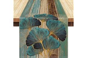 LRartdeco Runner Tavola Verde Runner Tavolo Rustico Retrò Ginkgo Foglie Motivo Runner da Tavolo Lavabile Runner per Il Tavolo per Matrimoni Festa Tavolo da Pranzo Decorazione, 33x183cm