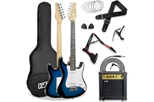 3rd Avenue XF Pack Ultime Guitare Électrique Taille 3/4 avec Ampli 10 W, Jack, Stand, Housse, Sangle, Jeu de Cordes de Rechange, Médiators et Capodastre – Bleu