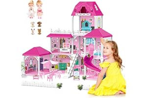 deAO Case per bambole e giocattoli con mobili, accessori e scivolo, villa da sogno e altro, Grandi case delle DIY bambole Set di gioco per ore di divertimento, perfetti giocattoli per bambini