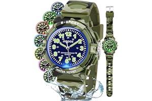 Juboos Montre analogique pour Enfants avec 7 veilleuses colorées, Bracelet étanche et Souple, Montre à Quartz pour Enfants de 5 à 18 Ans, Rose, Montre décontractée