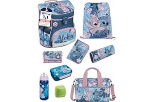 Familando Mädchen Schulranzen 1. Klasse · Scooli Campus Fit Schultasche · ergonomisch & leicht · Kinder Schulranzen Set für Mädchen (9-teilig mit Sporttasche, Disney Stitch)