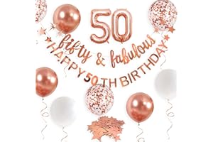 PINKBLUME Rose Gold Fifty & Fabulous Happy 50th Birthday Banner Garland Foil Balloon 50 for Womens 50th Birthday Decorations Hanging 50 and Fabulous Cheers to 50 Years Old Birthday Party Supplies Backdrop