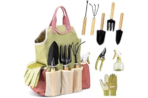 MUCEK Garden Tool Set, 9 Pieces Garden Tools with Garden Tools Organiser Handbag, Garden Shovel with Wooden Handle, Flower Scissors, Garden Claw, Gifts for Garden Lovers, Garden Gifts for Women