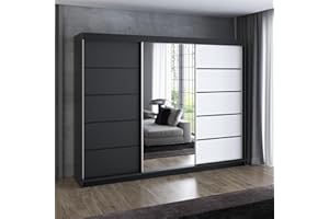 ‎A&J MÖBELLAND A&J MöbelLand Schwebetürenschrank VILANO 2 Kleiderschrank 3-türig 200 cm mit Spiegel, 4 Schubladen & 2 Kleiderstangen, Geräumiger Schlafzimmerschrank (Schwarz/weiß)