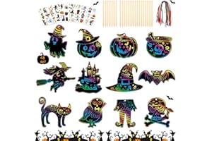 TOPJOWGA Kit de Scratch Art Halloween, 48PCS Enfants, Chauve Souris Citrouille Crâne Hibou DIY Décoration, Arts à Gratter Loisirs Créatifs (Style 2)