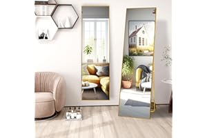 ‎FANYUSHOW FANYUSHOW Full Body Mirror 150 x 50 cm with Gold (Colour) Metal Frame Standing Mirror HD Large Wall Mirror with Hooks for Living Room, Bedroom and Dressing Room Mirror