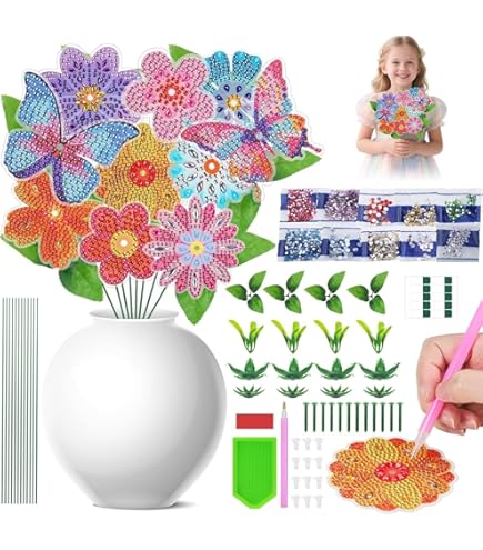 OdiuK Blumen Bastelset Für Mädchen - Diamond Painting Strauß Mit Schmetterlingen Zum Selbermachen